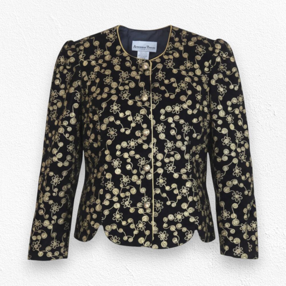 Vintage Black Gold Velvet Floral Embroidered Jacket 80s Evening Blazer Size 14
